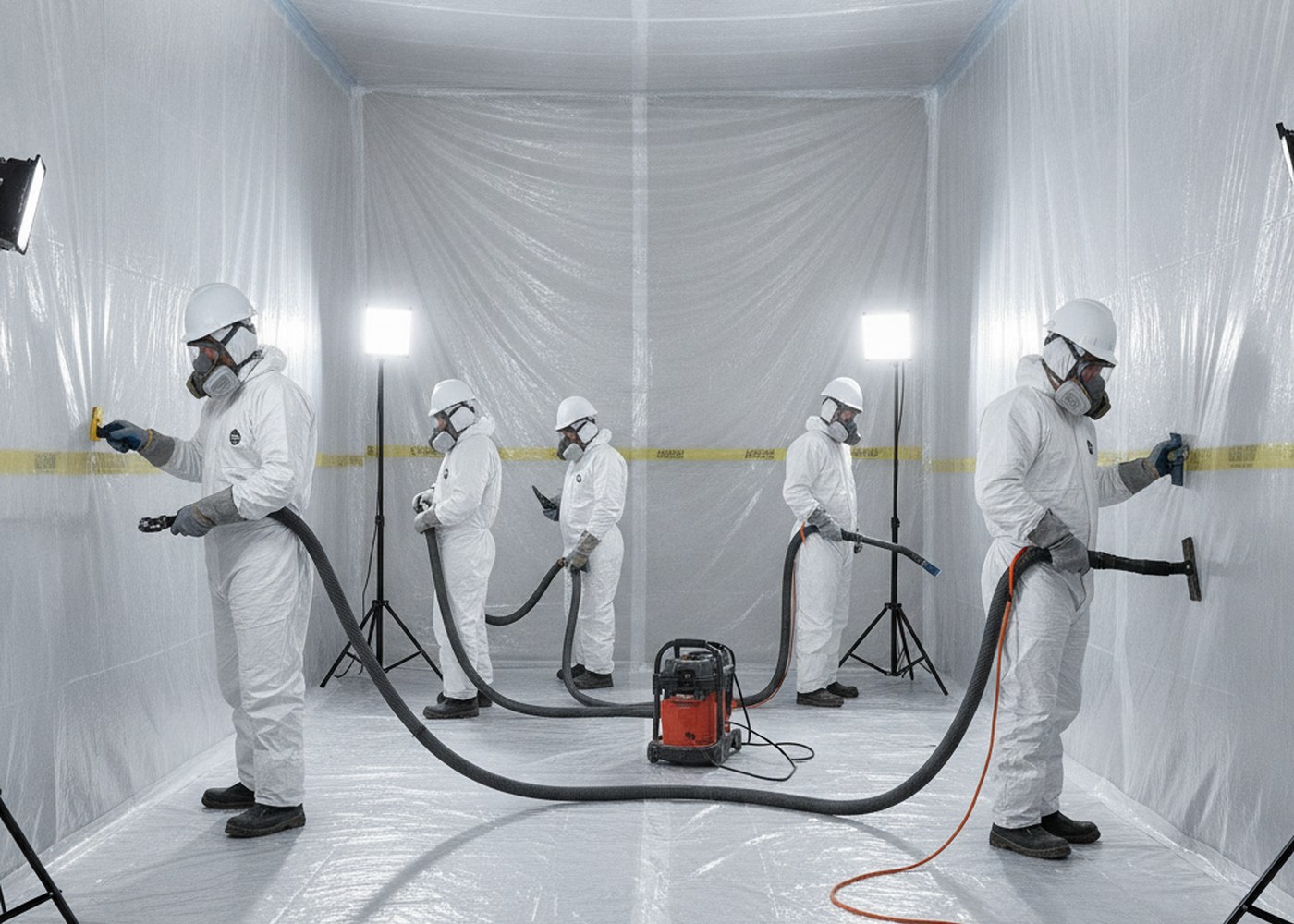 Asbestos and lead abatement workers in full protective equipment inside a contained work area