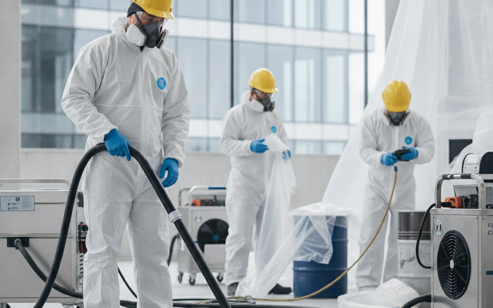 A professional environmental abatement crew in clean protective suits and respirators working at a job site